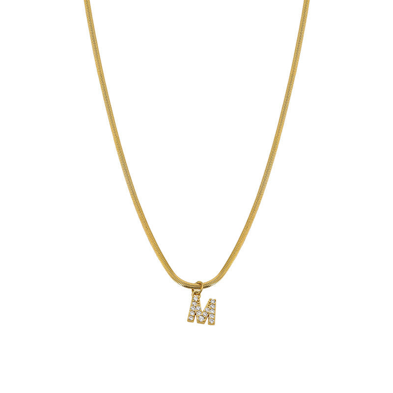 Wholesale French Retro Palace Style Flat Snake Bone Stacking Diamond 26 Letter Titanium Steel Clavicle Chain Necklace